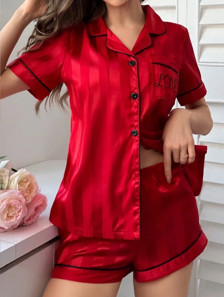 Luxenights Pocket Embroidered Jacquard Satin Button Up Collar Shirt And Shorts Set